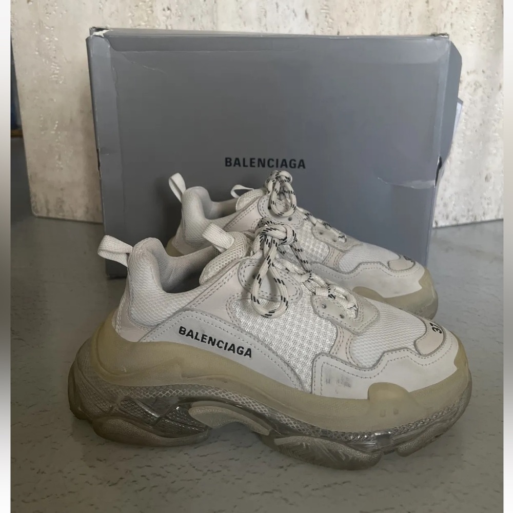 Balenciaga Triple S White Clear Sole Leather Chunky Dad Sneaker Shoes 37 7/7.5
